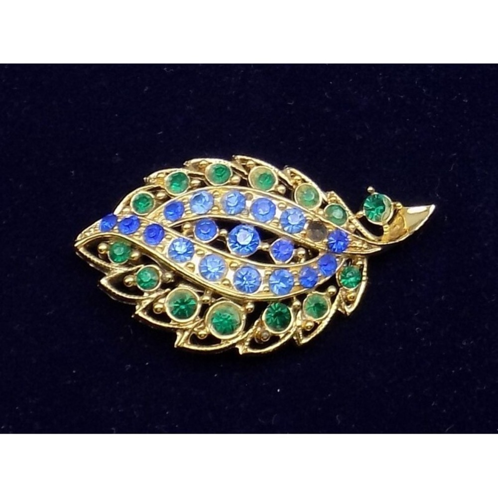 Vintage Rhinestone Leaf Pin Blue Green Rhinestones Unsigned